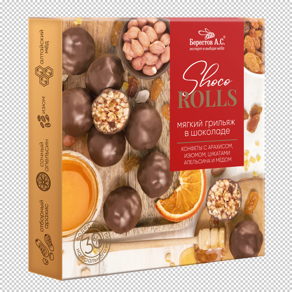  Берестов Shoco Rolls конфеты с арахисом, изюмом, цукатами апельсина и медом,  135г в Мысках